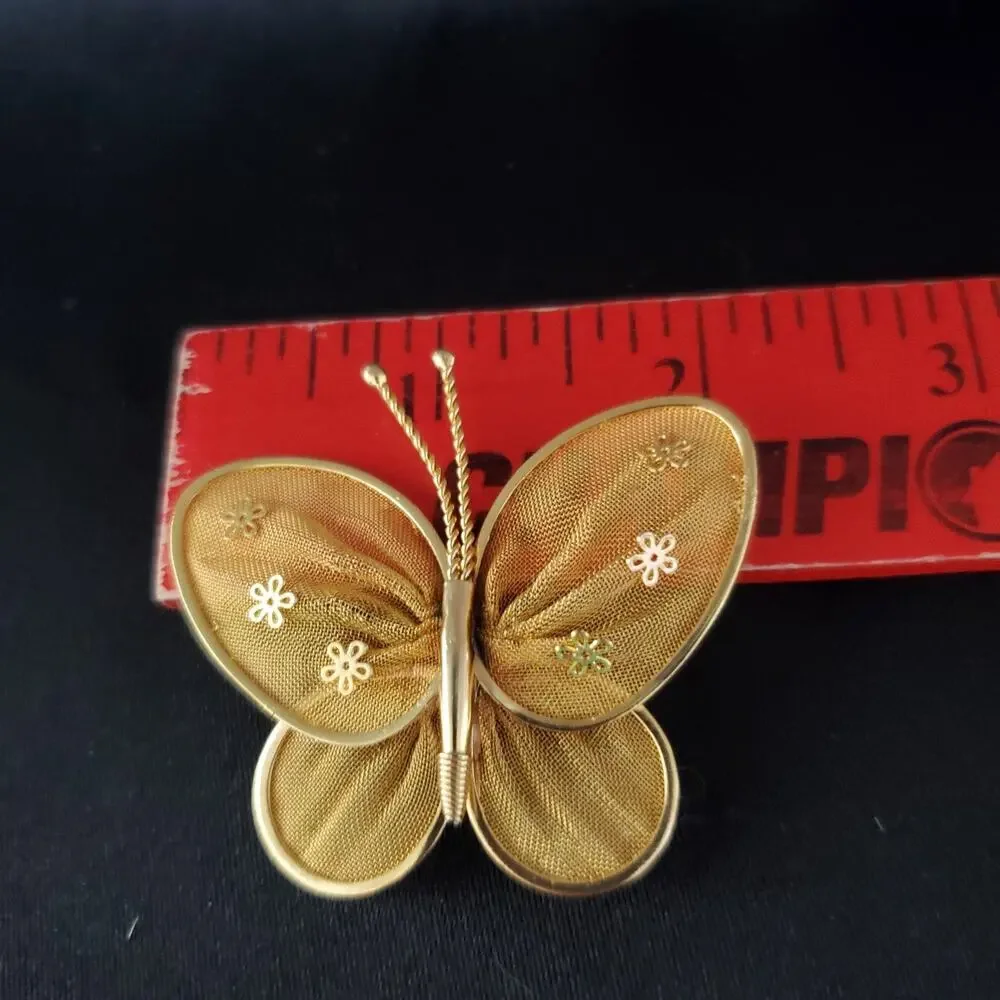 Vintage Gold-Tone Metal Mesh Brooch Pin Butterfly Flowers Design Handmade